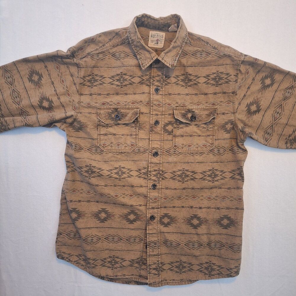 VTG Red Head Shirt Men's Sz M Southwest Aztec Tan Button Up Long Sleeve